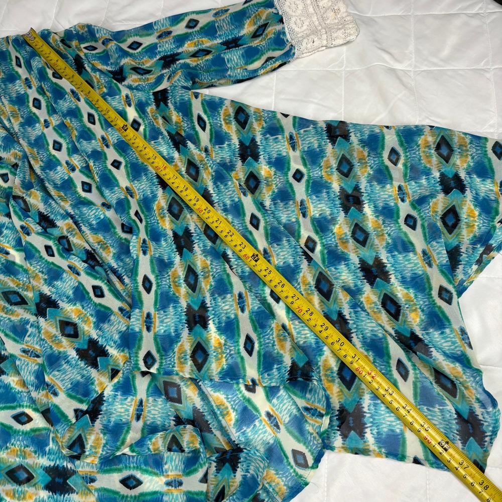 J Lee Blue Southwestern Aztec Print Kimono‎ Cardigan Lace Sleeve Boho XL - Picture 10 of 11